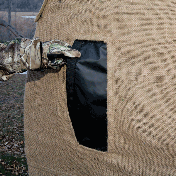 Muddy Bale Blind Windows are reversible, with Burlap on One Side and Black on the Other