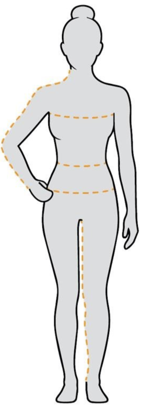 Diagram showing where to take chest, waist, hip and inseam measurements